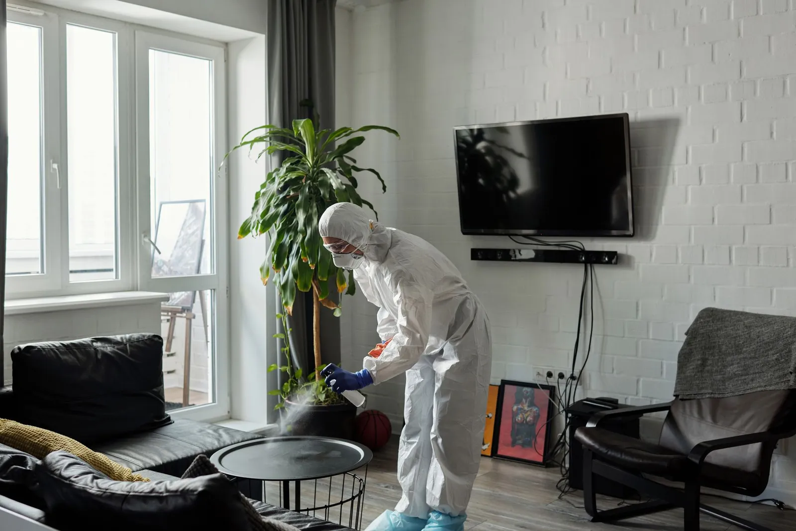 Illustrative stock photograph of protective clothing used during interior treatment